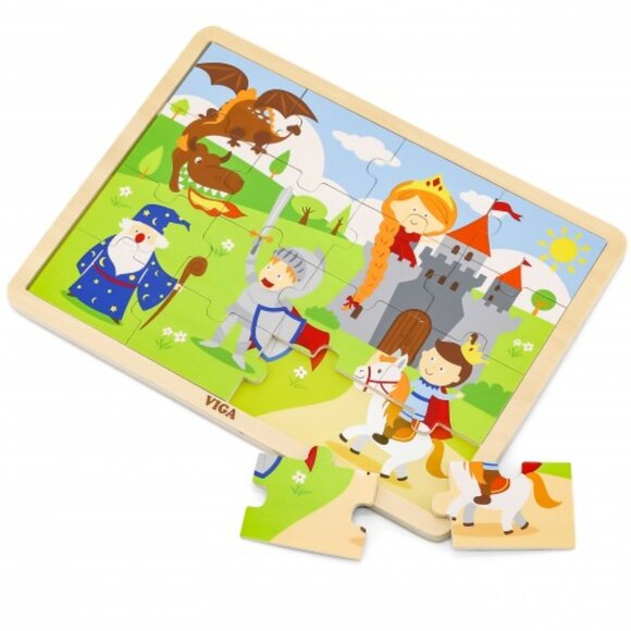 VIGA 16 Pcs Flat Wooden Puzzle w/Tray -Fairy Tale Knights New Sealed For Age 2+ - Picture 3 of 15